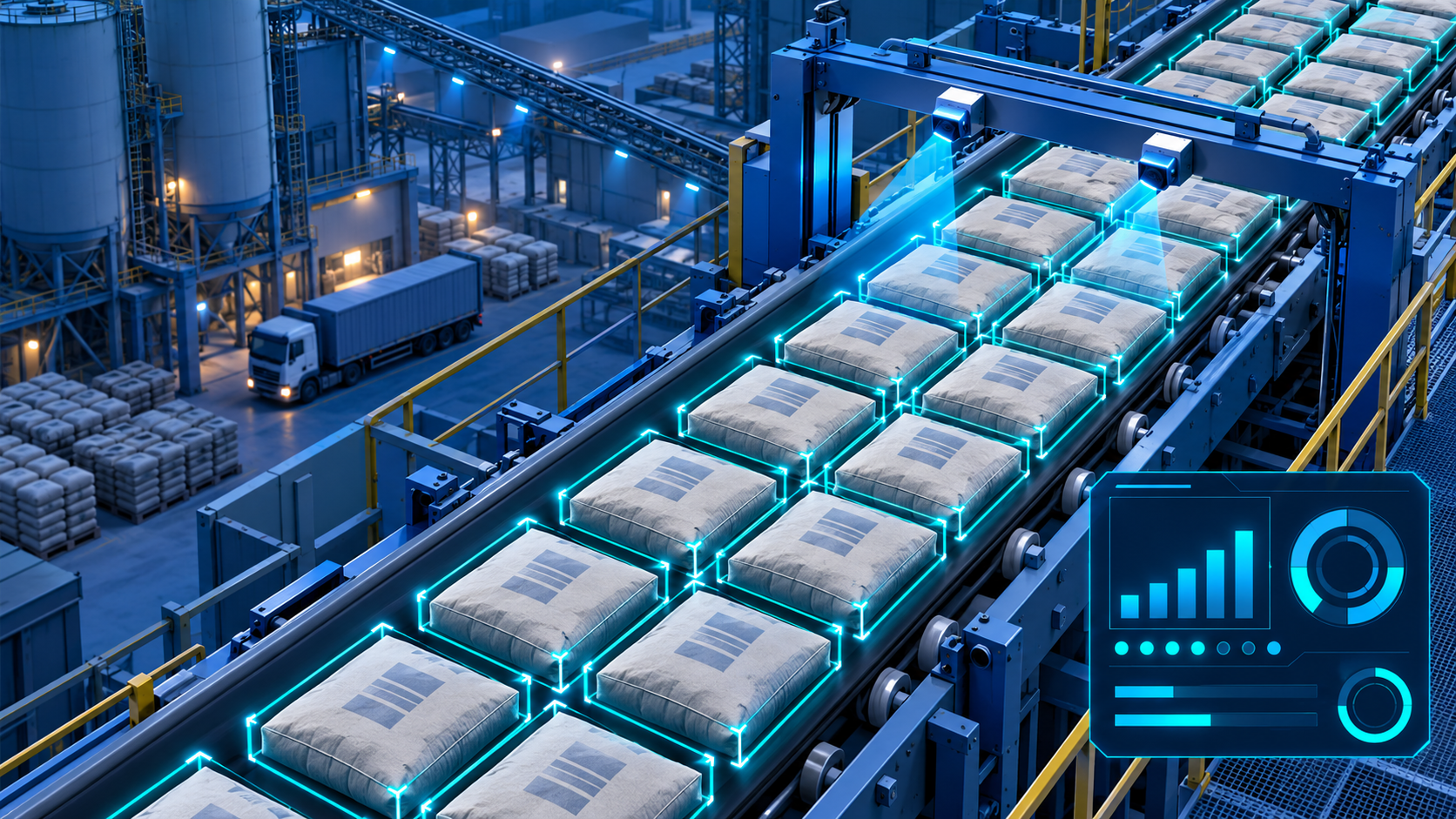 Computer vision development company banner showing AI bag counting and detection boxes on a cement plant conveyor