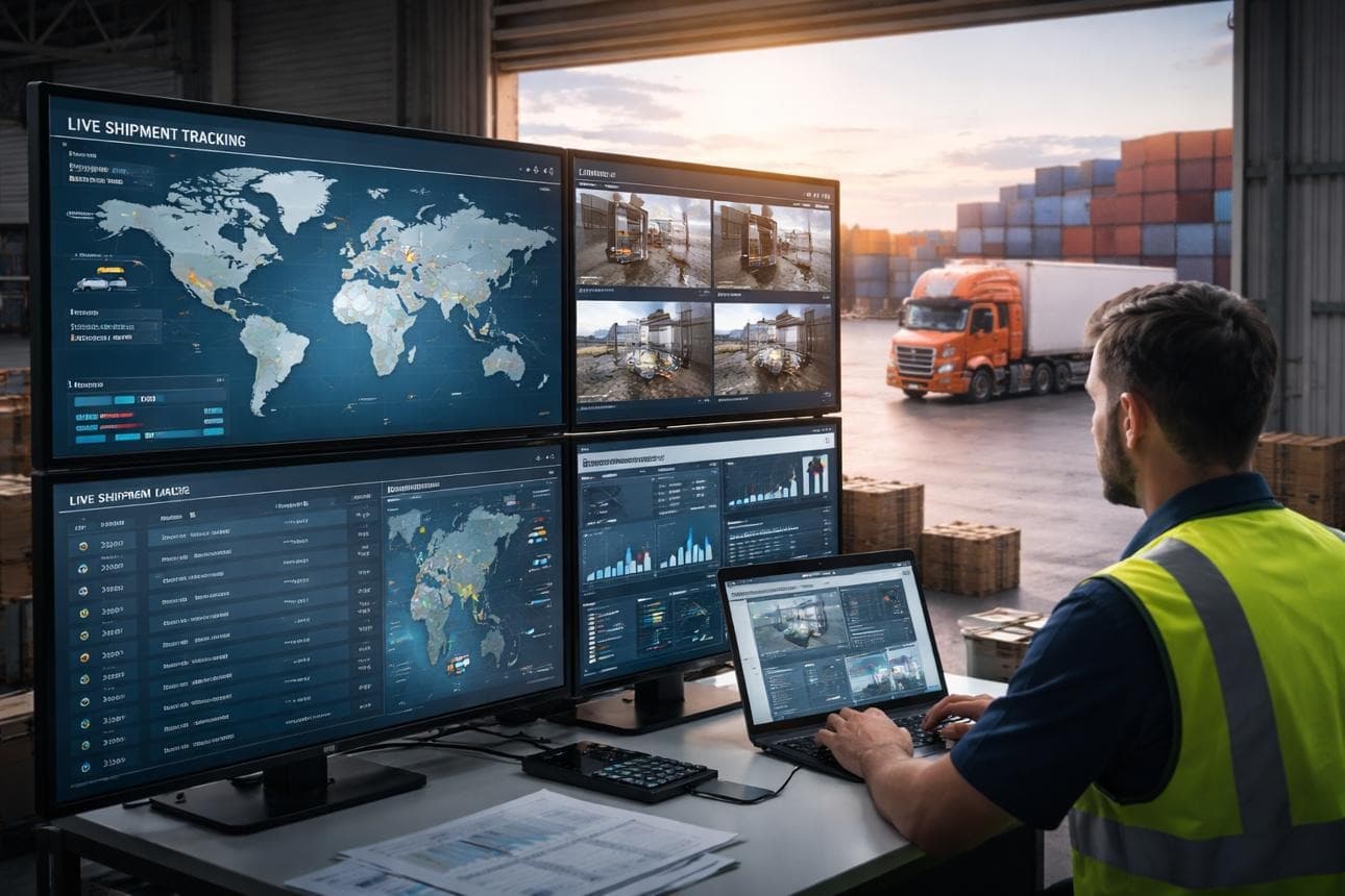 Warehouse loading and unloading monitoring dashboard displaying real-time item counts, vehicle activity, and discrepancy alerts