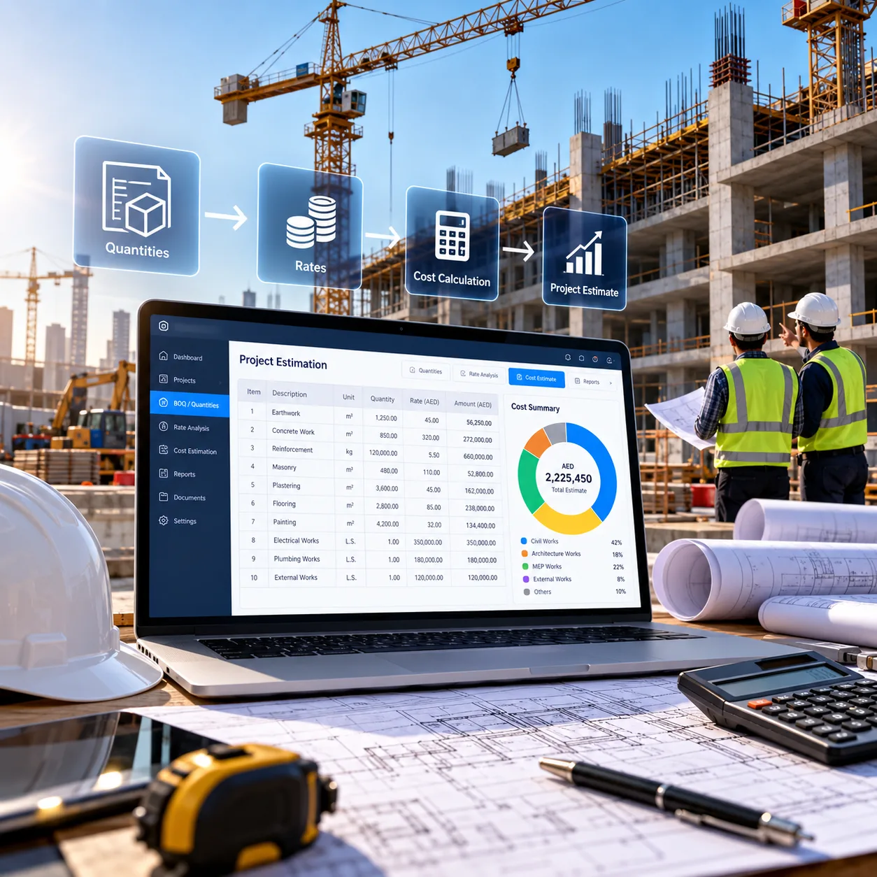 Construction Quantity & Cost Management Platform: Centralized Real-Time Estimation.